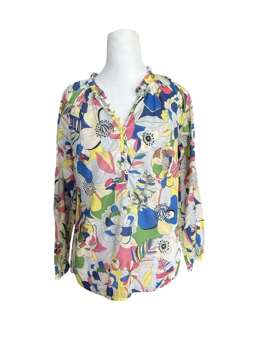 NWT Talbots Petite Ruffle Trim Popover Top‎ Floral Cotton Blouse Multi-Color P